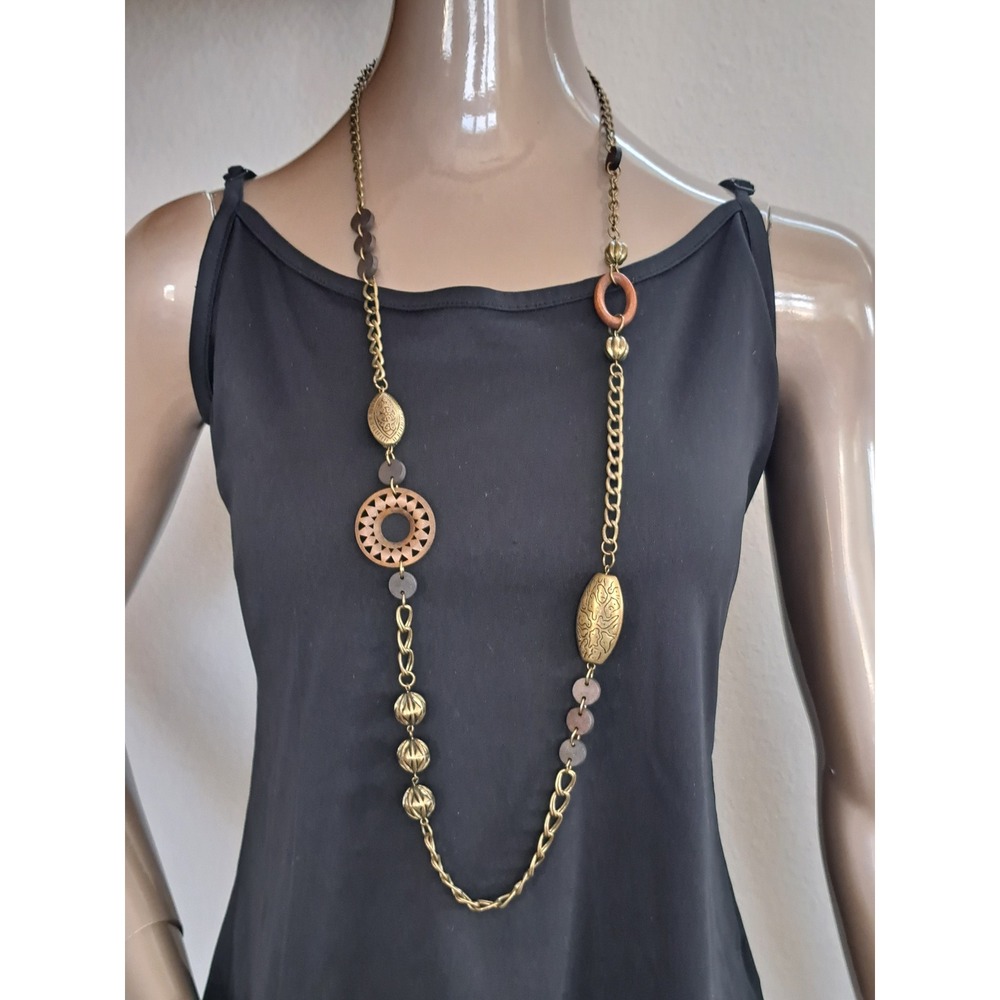 Antique Gold Tone Long Mixed Bead Boho Statement Necklace Wood Accents 39 Inch